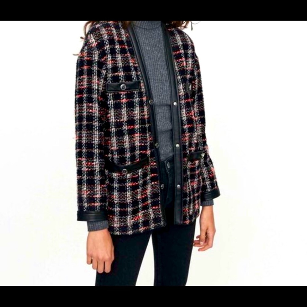 Maje NavyTweed Visido Faux Leather Blazer